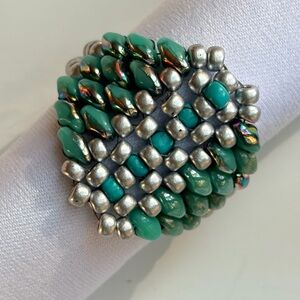 Silver and Green Beaded Ring